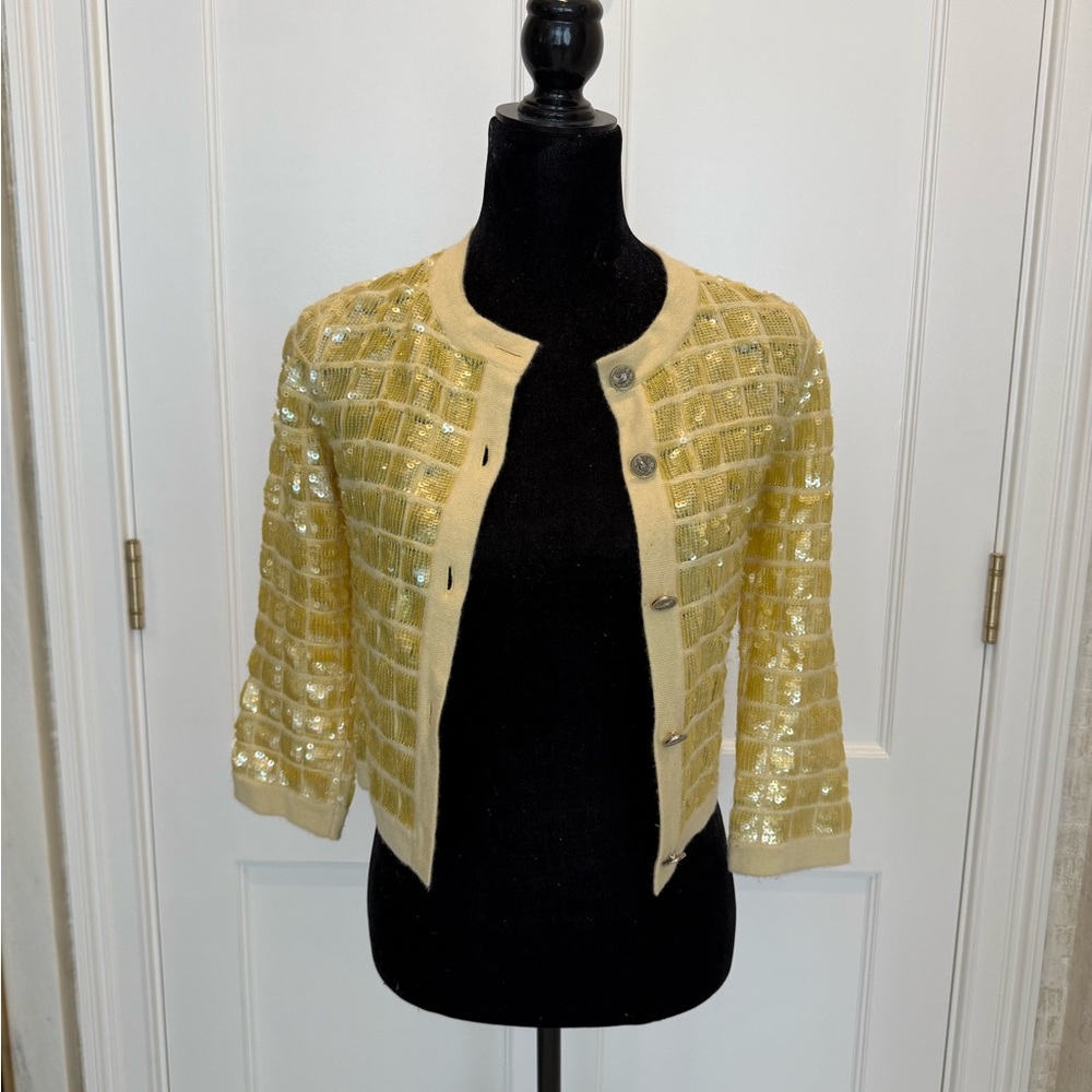 CHANEL Yellow and Gold Sequin Cashmere Button Up Cardigan